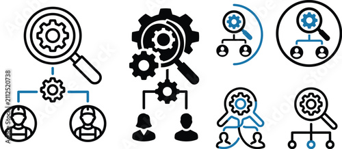Human resources management icons and business workforce organization optimization elements.