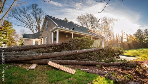 storm damage shows fallen trees roof repairs on house in suburban area