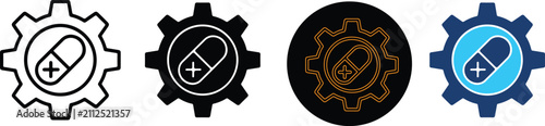 Four Distinct Gear Icons Containing Medical Pill Symbols