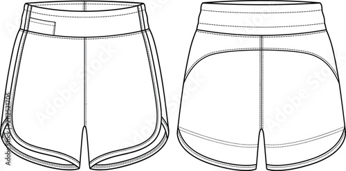 Bild auf Leinwand Fashion flat sketch of women athletic running shorts with curved hems vector ill