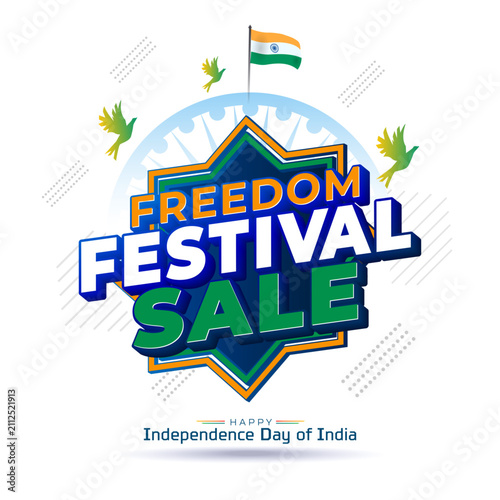 3D text logo for 'Freedom Festival Sale' featuring Indian flag colors, geometric hexagons, and an Independence Day promotional design.