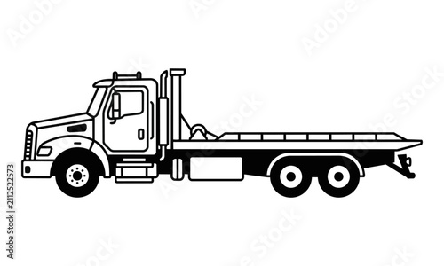 Minimalist black and white icon of a flatbed tow truck from a side profile, isolated on a white background. Transportation and logistics concept