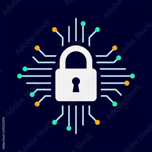 Digital padlock icon representing cyber security and data protection with circuit board lines on a dark blue background