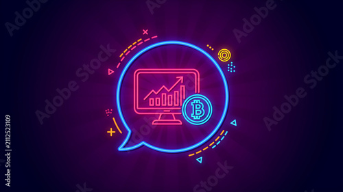 Neon bitcoin chart on computer screen inside speech bubble icon