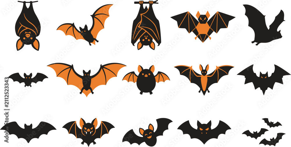 Fototapeta premium Collection of various black and orange bat illustrations for halloween decorations and spooky graphic design projects