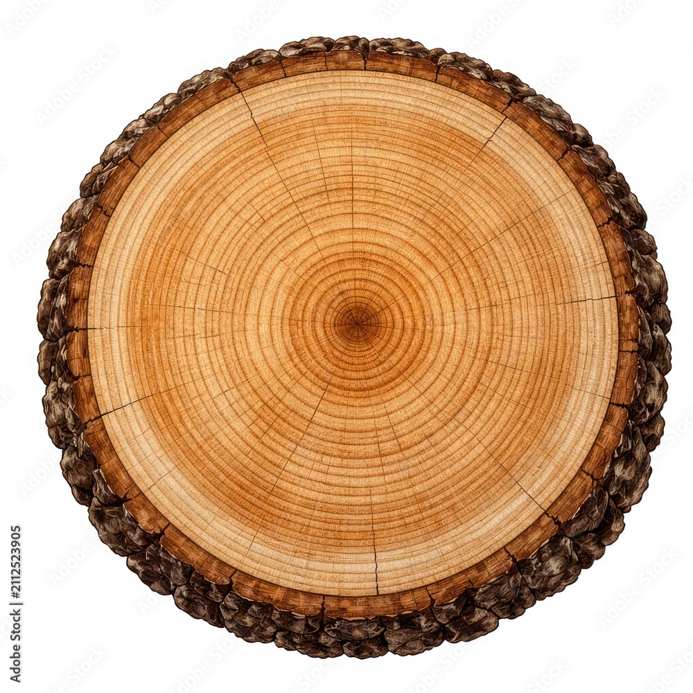 Obraz premium Cross-section of a tree trunk showing annual growth rings and bark.