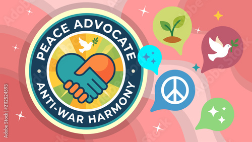 Foto Flat vector peace advocate badge featuring handshake, peace symbols, and environmental elements promoting diplomacy, friendship, nonviolence, and global harmony for awareness campaigns