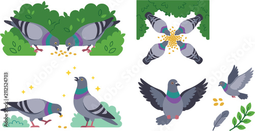 Bild auf Leinwand City pigeon vector illustration set featuring birds eating seeds flying cooing f