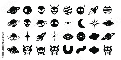 Solid black silhouette space icons set with alien monsters rockets and celestial elements
