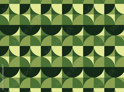 A seamless retro geometric pattern featuring bold circles, semicircles, and quarter-circle shapes arranged in a clean repeating grid. The design uses layered shades of olive, sage, forest.