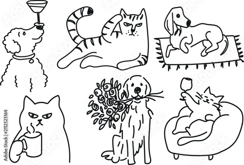 Cute Hand Drawn Dogs and Cats in Playful Everyday Lifestyle Vector