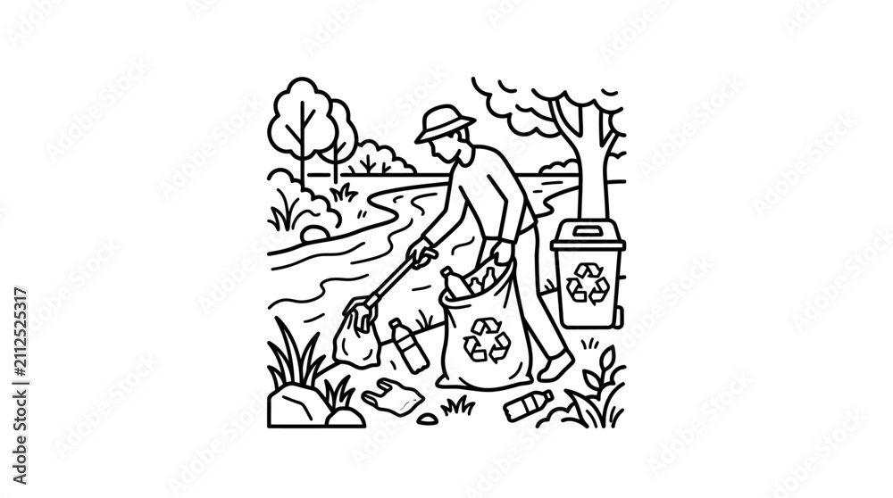 Fototapeta premium Modern Black and White Line of Person Collecting Recyclables in a Park Setting with high quality professional line art symbols for modern creative design and digital branding projects