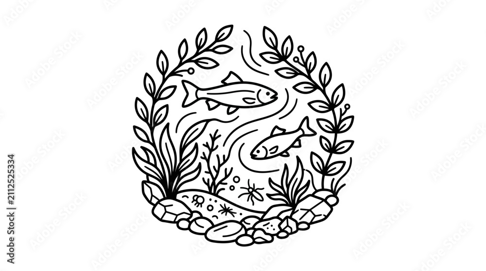 Obraz premium Dynamic Black and White Aquatic Life Featuring Fish Plants Rocks and Bubbles in a Circular Frame