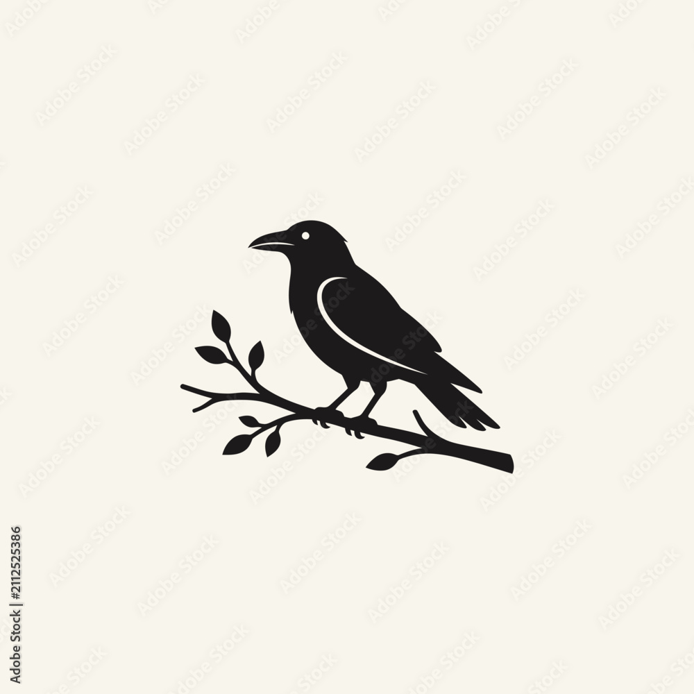 Fototapeta premium A mysterious and elegant silhouette illustration of a crow or raven perched on a natural tree branch, embodying wisdom and the spirit of the wild