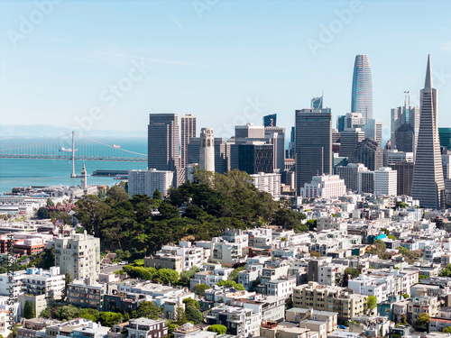 Drone view of San Francisco Bay near Coit Tower