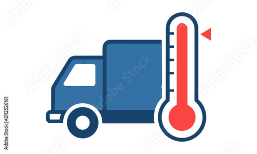 Delivery truck icon with a tall vertical thermometer indicating high temperature symbol isolated on white background logistics and heat management concept