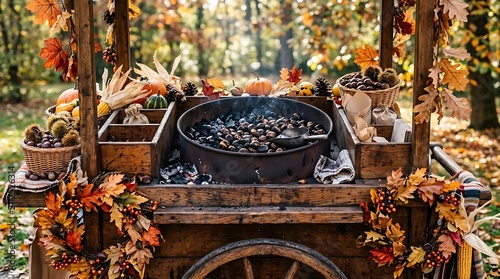 Roasting chestnuts on a rustic wooden cart in a park during autumn