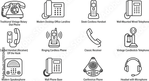 Foto Vintage and Modern Telephone Line Icon Set with Rotary Dial Phones, Office Landl