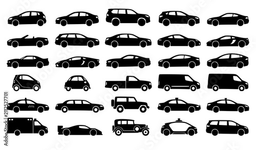 Bild auf Leinwand Automobile Vehicle Black Icon Collection with Modern and Classic Cars Vector Ill