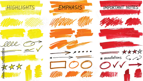 Collection of colorful hand drawn highlighter marks and doodle elements isolated on transparent background