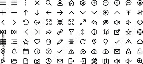Collection of universal outline icons for user interface design isolated on transparent background