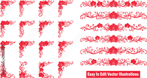 Quadro su tela Set of red floral corner and border ornaments with orchid flowers