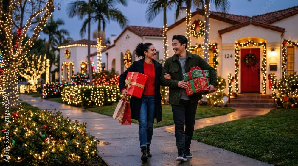 Obraz premium Couple walking with Christmas gifts past a house decorated with festive lights