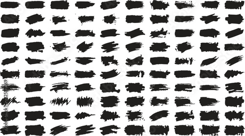 Collection of black brush strokes and paint splatters isolated on transparent background