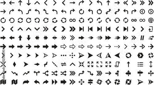 Collection of black arrow symbols and geometric shapes isolated on transparent background