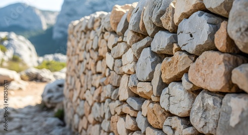 Curving Dry Stone Wall Bordering Rural Path with Rocky Landscape Background