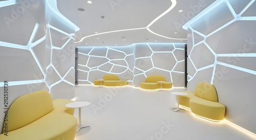 Modern Waiting Room with Yellow Sofas and Futuristic White Walls with Blue Light Accents