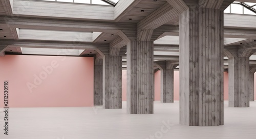 Modern Brutalist Architecture Interior with Large Concrete Columns and Pink Wall