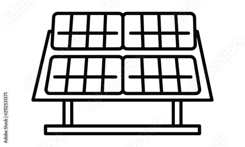 Minimalist solar panel array icon with clean black line art and simple geometric forms isolated on a white background. Renewable energy concept