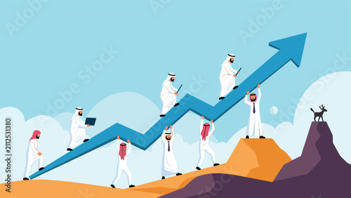 Group of Arab business leaders working together to support and climb a giant rising blue arrow on sand desert.