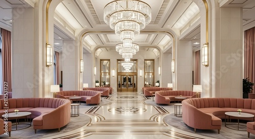 Elegant Hotel Lobby Interior with Pink Sofas, Chandeliers, and Marble Floor