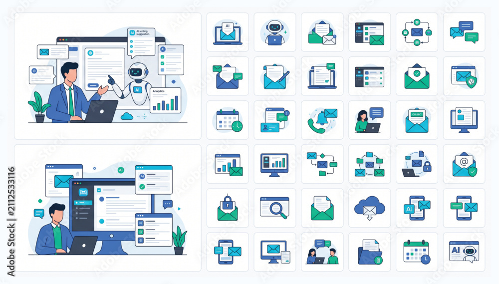 Fototapeta premium Business Artificial Intelligence Collaboration and Software Vector Icon Collection for Digital Solutions