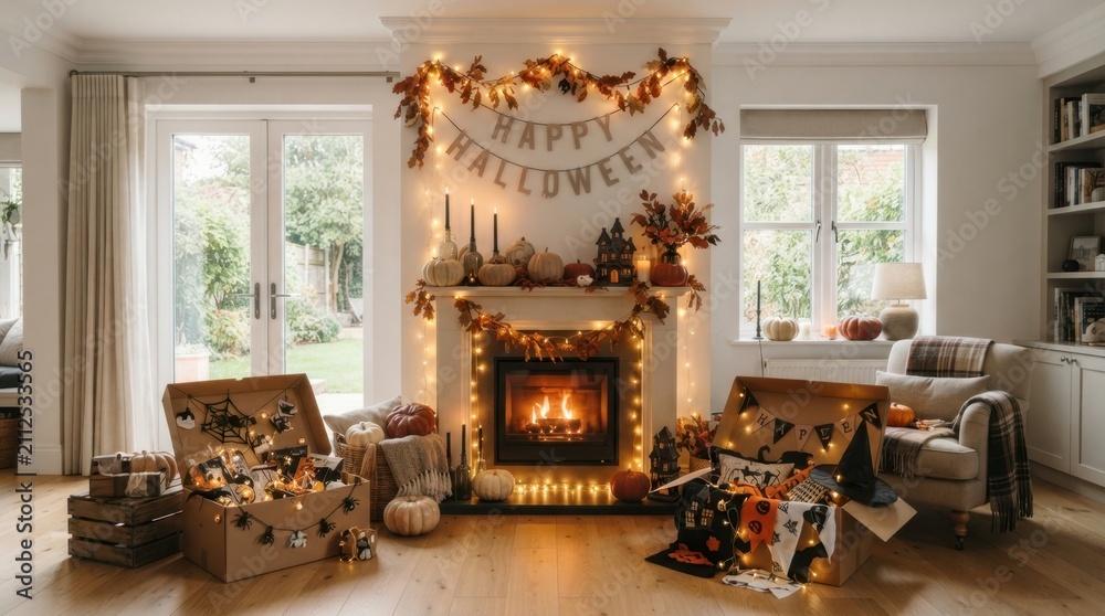 Obraz premium Cozy living room decorated for Halloween with a fireplace and festive autumn accents