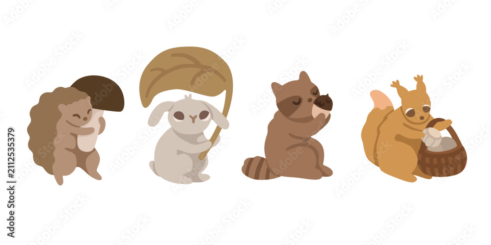 Fototapeta premium Cute woodland animal collection with hedgehog, rabbit, raccoon and squirrel holding autumn harvest. Isolated forest character set on white background, flat vector illustration.