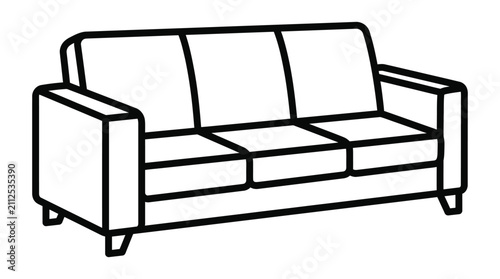 Three seater sofa outline black line drawing on white background