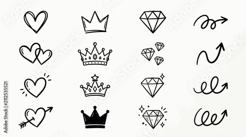 A collection of hand-drawn doodle icons featuring various styles of hearts, crowns, diamonds, and arrows on a white background.