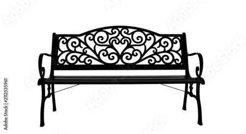 Bild auf Leinwand Ornate black metal bench with scrollwork design on backrest with decorative furn