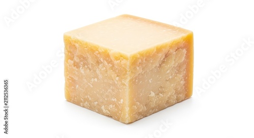 A square block of aged parmesan cheese featuring a dense grainy texture and pale yellow hue, isolated on a seamless and solid white surface, detail, isolated, cheese