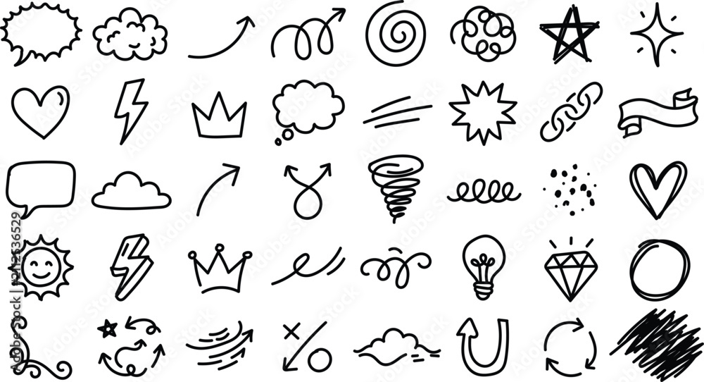 Obraz premium Hand Drawn Doodle Elements and Sketch Icons Vector Collection Set