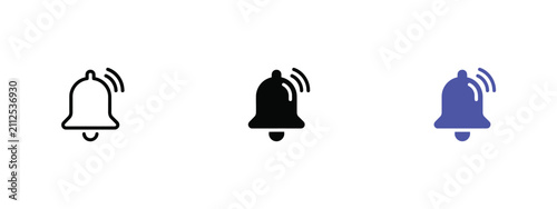 Bell Icon Set In Three Variations Featuring Line Solid And Gradient Styles alert notification signal chime ringer sound