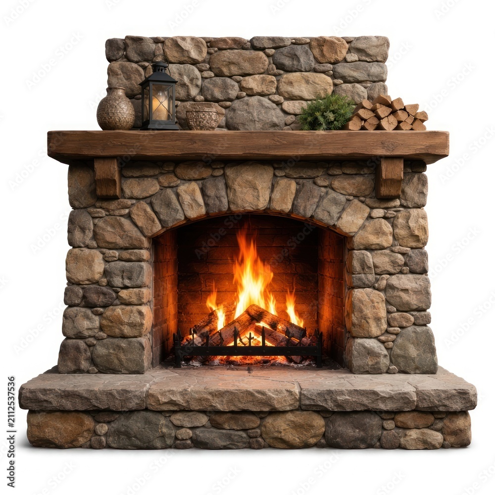 Obraz premium Cozy rustic stone fireplace ambiance.