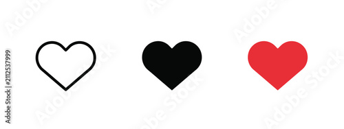 Quadro su tela Three heart shapes in line art solid black and solid red against a white backgro