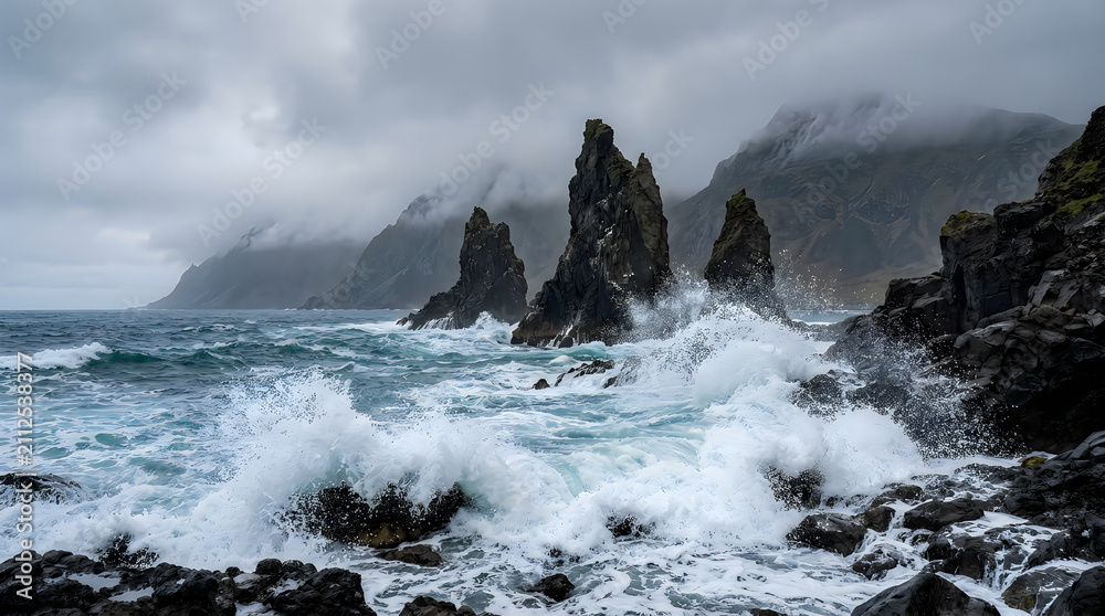Fototapeta premium Large ocean waves crashing against dark rocky cliffs on a stormy day