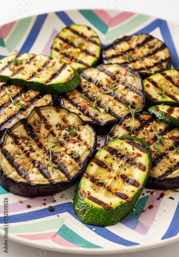 Grilled eggplant and zucchini slices with charred golden edges served on a vibrant patterned plate, seasoned with rustic spices and herbs, vegetable, charred, season