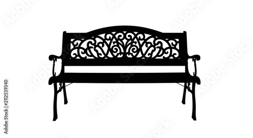 Принти на полотні Black metal bench with intricate backrest design with armrests white background