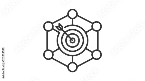 Abstract icon of a network connected to a bullseye target with an arrow.
